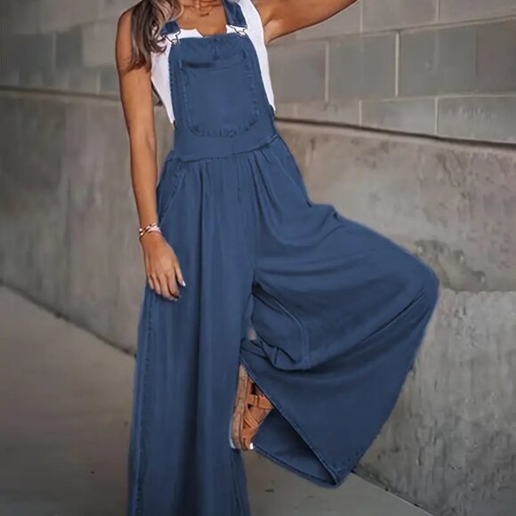 Deep Blue Wide Leg Bib Overalls - Picture 2 of 5
